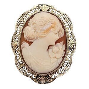 Symmetalic Sterling 12K Gold Shell Carved Cameo Brooch Pendant, Signed